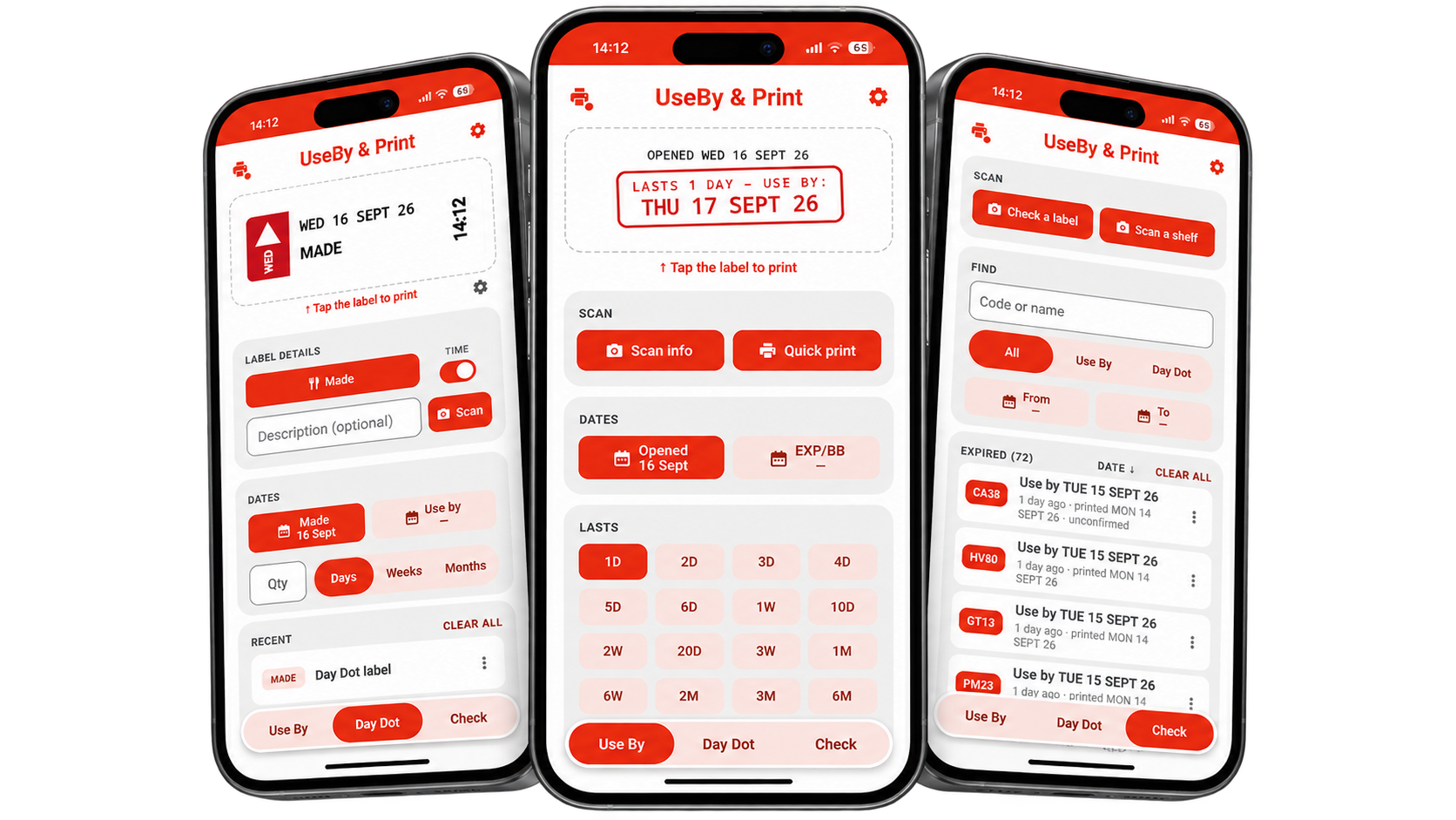 UseBy & Print app screens showing Check, Use By and Day Dot workflows